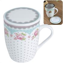 Caneca de Porcelana 310ml Com Tampa e Filtro pra Chá Café Amelia Luxo Lyor