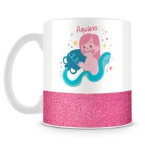 Caneca de Porcelana Base Glitter Rosa com Estampa do Signo Aquário