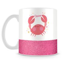 Caneca de Porcelana Base Glitter Rosa com Estampa do Signo Câncer - 325ml