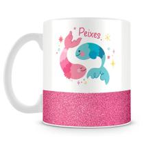 Caneca de Porcelana Base Glitter Rosa com Estampa do Signo de Peixes - 325ml
