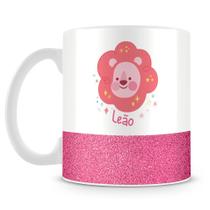 Caneca de Porcelana Base Glitter Rosa com Estampa do Signo Leão - 325ml