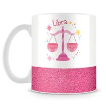 Caneca de Porcelana Base Glitter Rosa com Estampa do Signo Libra - 325ml