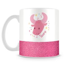 Caneca de Porcelana Base Glitter Rosa com Estampa do Signo Touro - 325ml