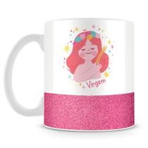 Caneca de Porcelana Base Glitter Rosa com Estampa do Signo Virgem - 325ml