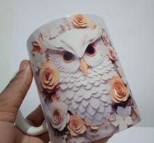 Caneca De Porcelana Branca Estampa Coruja Com Flores Capacidade 325ML Caneca De Porcelana Branca Estampa Coruja Com Flores Capacidade 325ML
