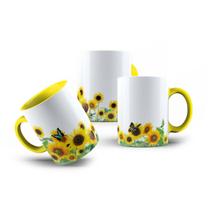 Caneca de Porcelana Campo de Girassol Amarelo com Borboleta