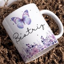 Caneca de Porcelana com Nome Personalizado Floral Borboleta Com Nome
