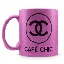 Caneca de Porcelana Glitter Roxo com Frase 'Café Chic' - 325ml