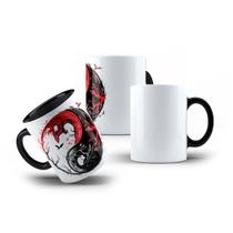 Caneca de Porcelana Oriental Dragão Terra e Fogo Yin Yang