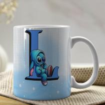 Caneca de Porcelana Personalizada Stitch Letras A-Z 325ml Azul