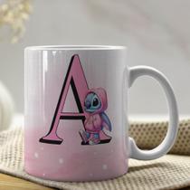 Caneca de Porcelana Personalizada Stitch Letras A-Z 325ml Rosa