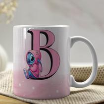 Caneca de Porcelana Personalizada Stitch Letras A-Z 325ml Rosa