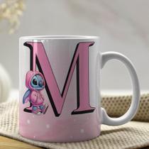 Caneca de Porcelana Personalizada Stitch Letras A-Z 325ml Rosa