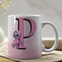 Caneca de Porcelana Personalizada Stitch Letras A-Z 325ml Rosa