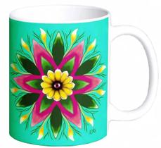 Caneca De Porcelana Personalizada Xícara Decorativa Café 325 ML Mandala Azul Floral Margarida