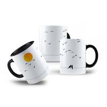 Caneca de Porcelana Por do Sol Passáros Reflexão Zen 325mL