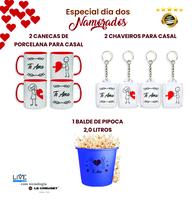 Caneca de Porcelana Premium com Alça Colorida + Chaveiro + Balde de Pipoca de 2 Litros AZUL