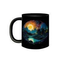 Caneca de Porcelana Preta Sol e Lua Surrealista Abstrata