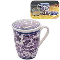 Caneca De Porcelana Super White C/ Tampa E Filtro Blue Garden 310ml Lyor