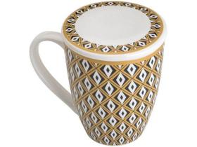 Caneca de Porcelana Super White C/Tampa e Filtro Tebas Preto/Dourado 310ml Caixa de Presente Lyor