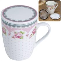 Caneca De Porcelana Super White C/ Ttampa E Filtro Rose Rosa E Branco 310ml Lyor Caneca De Porcelana Super White C/ Ttampa E Filtro Rose Rosa E Branco 310ml Lyor