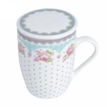 Caneca de Porcelana Super White com Tampa e Filtro Amélia Verde/Branca 310ml- Lyor