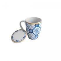 Caneca de Porcelana Super White com Tampa e Filtro Braga Azul/Branca 310ml Lyor Caneca de Porcelana Super White com Tampa e Filtro Braga Azul/Branca 310ml Lyor