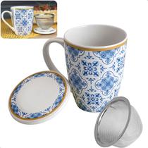 Caneca De Porcelana Super White Com Tampa E Filtro Lisboa Azul/Branca 310ml Lyor