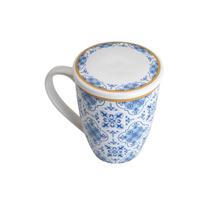 Caneca De Porcelana Super White Com Tampa E Filtro Lisboa Azul/Branca 310ml Lyor