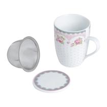 Caneca de Porcelana Super White com Tampa e Filtro Rose Rosa/Branco 310ml Lyor