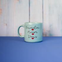 Caneca de Porcelana Turquesa - Família, Amor e Deus