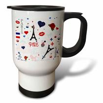 Caneca de viagem 3dRose Paris Girly vermelha branca azul 400 ml de aço inoxidável