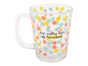 Caneca de vidro 310 ml Frases Aqui contem dose de felicidade