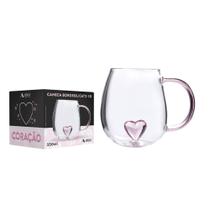 Caneca de vidro 3D coração rosa com alça 350ml para café chá leite decorativa presente na caixa