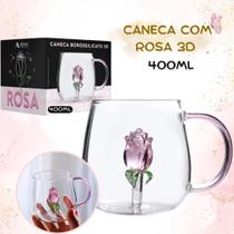 Caneca de Vidro Borossilicato 400ml com Rosa 3D
