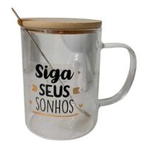 Caneca de vidro Borossilicato C/TP de Bambu + Colher inox frases 400ml Caneca de vidro Borossilicato C/TP de Bambu + Colher inox frases 400ml