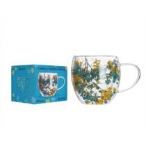 Caneca de vidro borossilicato com flores verde amarela parede dupla 3D para chá café leite xícara 350ml flor artificial