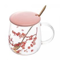 Caneca de Vidro Borossilicato com Tampa e Colher Sakura 500ml