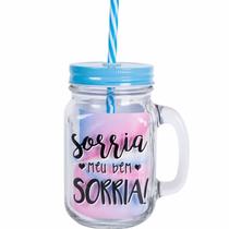 Caneca De Vidro Com Canudo E Tampa Azul 420ml