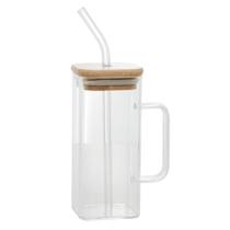 Caneca de Vidro com Canudo e Tampa de Bambu 400ml Wolff
