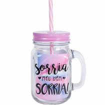 Caneca De Vidro Com Canudo E Tampa Rosa 420ml