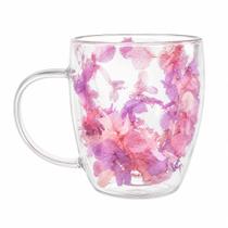 Caneca de Vidro com Pétalas Coloridas Dupla Parede 350ml Decorativa Elegante Moderna e Sofisticada Cor:Rosa/Lilás