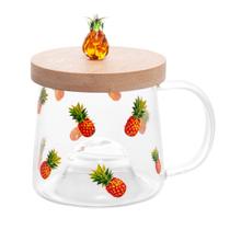 Caneca de vidro com pires de bambu abacaxi 330ml
