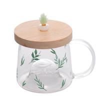 Caneca de vidro com pires de bambu de flor folhagens na caixa para café chá leite 280ml presente cha xícara flores tampa Caneca de vidro com pires de bambu de flor folhagens na caixa para café chá leite 280ml presente cha xícara flores tampa