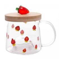 Caneca de vidro com pires de bambu morango 350ml