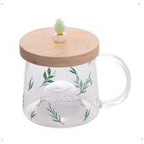 Caneca de vidro com pires de bambu suculenta 330ML