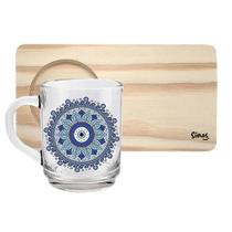 Caneca de Vidro com Suporte de Madeira - Mandala