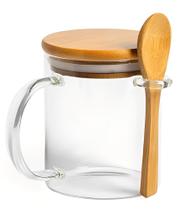 Caneca de Vidro com Tampa Hermética de Bambu e Colher 440ml