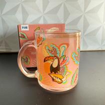 Caneca de vidro decorada estilo farm rosa 300ml com tucano para café chá leite cappuccino xicara Caneca de vidro decorada estilo farm rosa 300ml com tucano para café chá leite cappuccino xicara