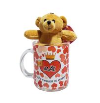 Caneca de Vidro Dia das Mães 330ml + Urso Pelúcia Presente Cor:Coração Vermelho
